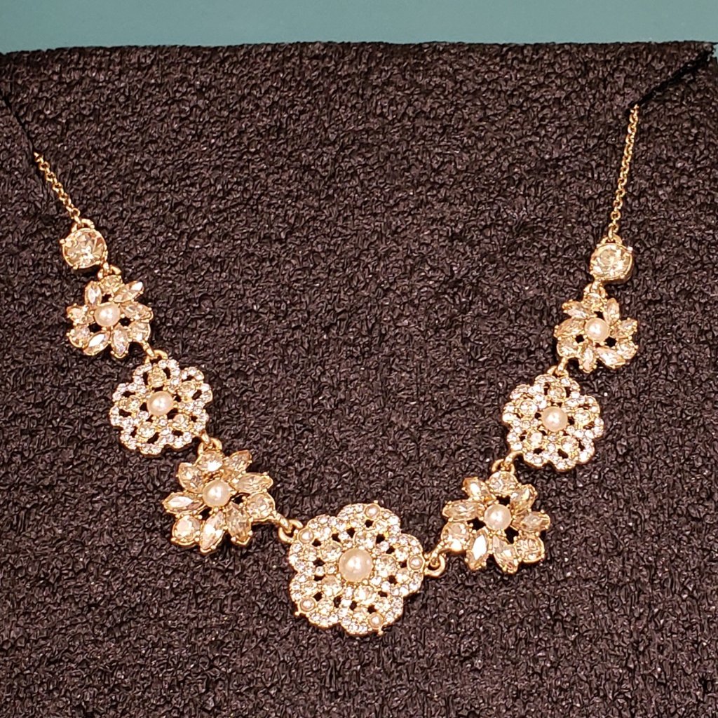 Marchesa Nwt Gold Pearl Crystal Rhinestone Flower Statement Necklace 65$